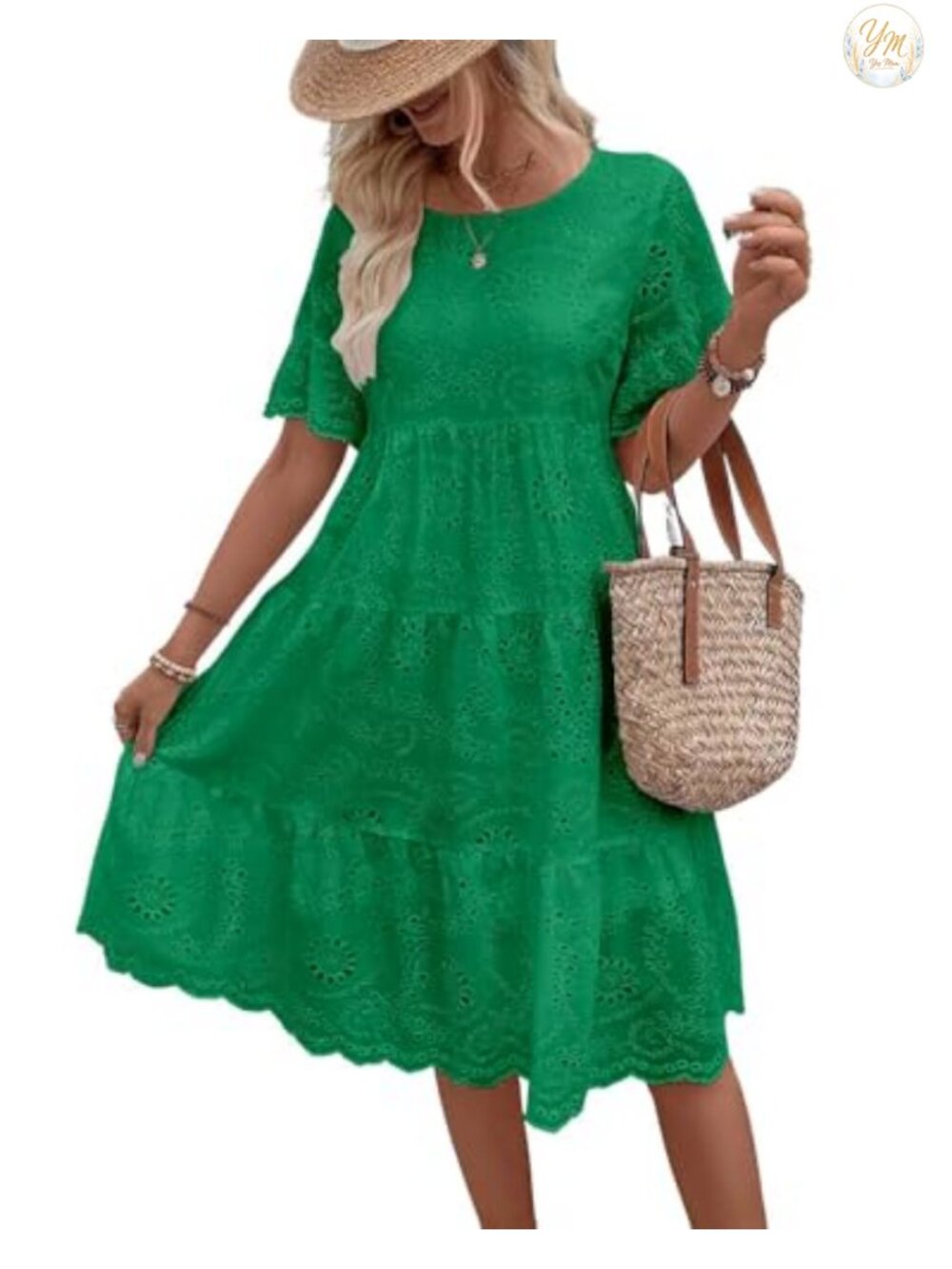 Lace Eyelet Short Sleeve Tiered Midi Dress Ruffle Hem Babydoll